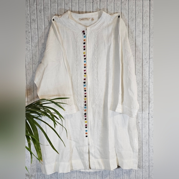 Soft Surroundings XL White Linen Embroidered Tunic w/ Rainbow Knotted Buttons - Picture 1 of 2